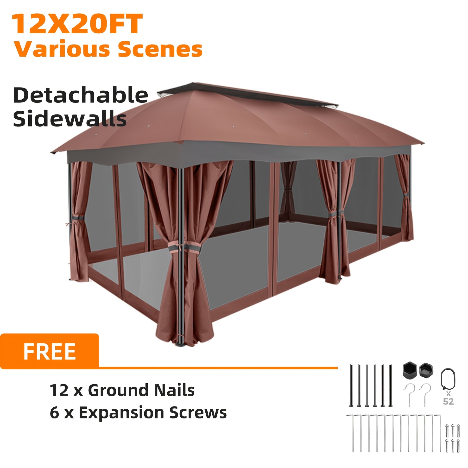 12x20 Outdoor Gazebo Bug Netting Curtains Steel Frame